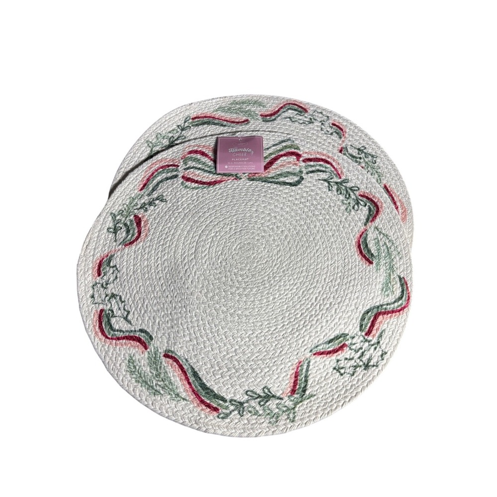 St. Nicholas Square Humble Cheer Christmas Placemat Set (2) Woven Round GIFT NEW
